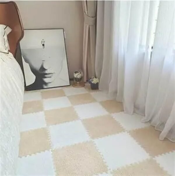 10pcs EVA Foam Shaggy Carpet Mat Plush Fabric Carpet Puzzle Thicken Interlocking Play Mat Easy to Clean Soft Fuzzy Climbing Activity Mat(White Apricot)