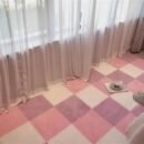10pcs EVA Foam Shaggy Carpet Mat Plush Fabric Carpet Puzzle Thicken Interlocking Play Mat Easy to Clean Soft Fuzzy Climbing Activity Mat(Pink White Purple)
