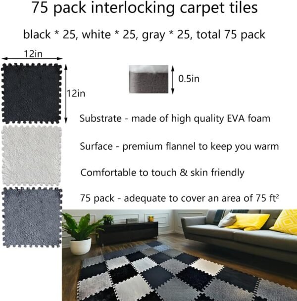 75 Pcs Puzzle Foam Floor Mat Rug Tiles - Interlocking Squares with Padding - Plush Carpet Remnants Cover - Image 2