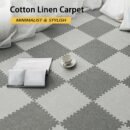 12X12inch Foam Floor Mat with Border, Linen Fabric Interlocking Carpet Tiles, Square Puzzle Play Mat, Anti-Fatigue for Yoga Or Gym,Black+Dark Gray,1pcs