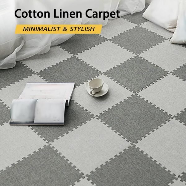 12X12inch Foam Floor Mat with Border, Linen Fabric Interlocking Carpet Tiles, Square Puzzle Play Mat, Anti-Fatigue for Yoga Or Gym,Black+Dark Gray,1pcs - Image 2