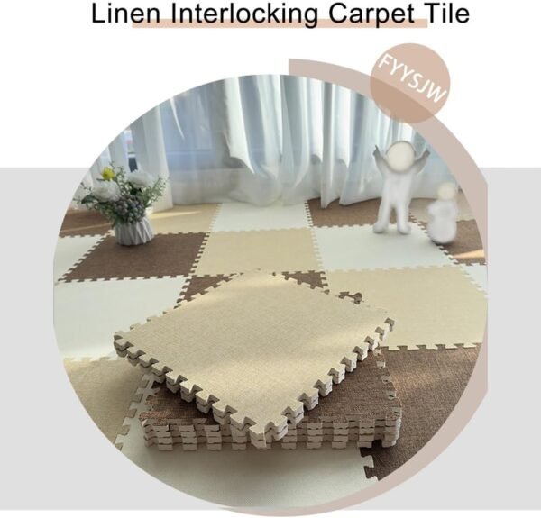 Pink+Dark Gray,10pcs, Foam Flooring 12X12inch, Interlocking Carpet Tiles with Linen Fabric Top, Square Puzzle Play Mat Area Rugs for Yoga Room