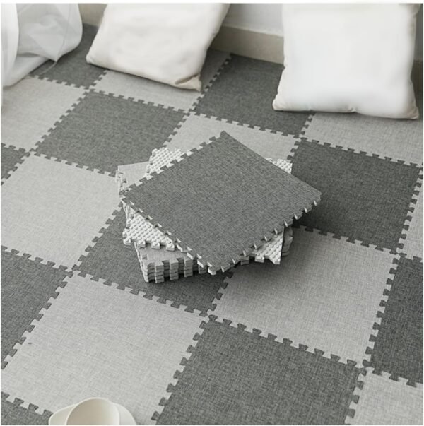 12 Pcs Linen Fabric Interlocking Foam Mat, Foam Puzzle Play Mats, Carpet Tiles Floor Padding for Exercise Yoga Bedroom, 12X12 Inch,Dark Grey+Light Grey