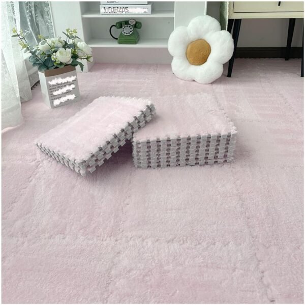 12 Plush Interlocking Foam Floor Mats, 30x30cm Square, Fluffy Puzzle Carpet Tiles With Edgings, Soft Fuzzy Foam Rugs For Room​(Pink)