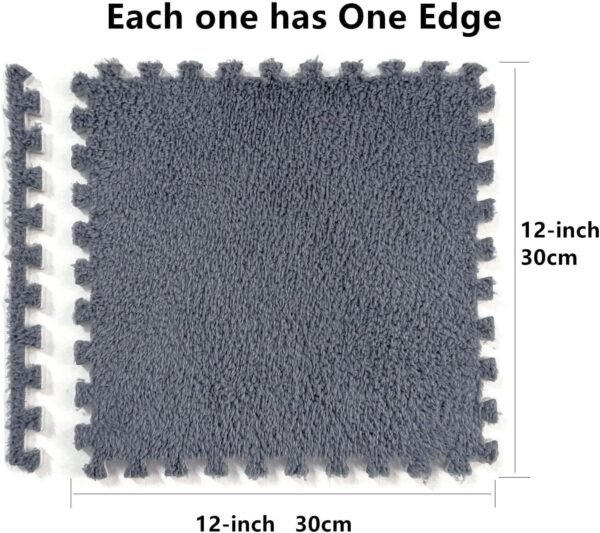 12 Pcs Shaggy Interlocking Foam Carpet Tiles - 12" x 12", 12 Sq,Ft Kids Carpet Squares Protective Floor Mats Crawling Exercise Area Rugs for Children Room, Home or Classroom Use, Grey - Image 2