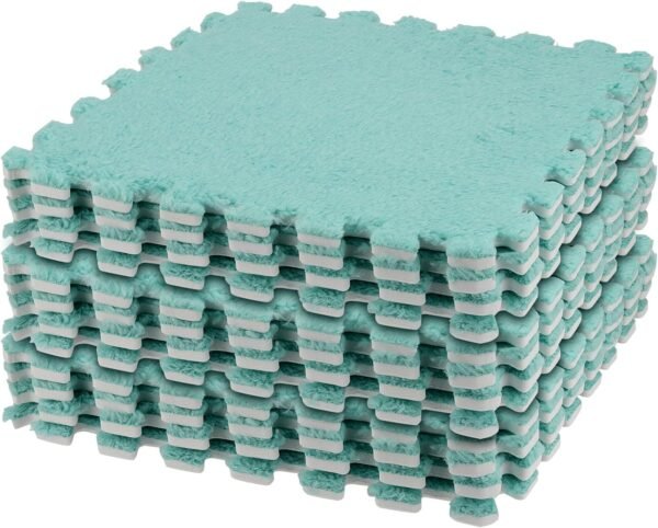 12Piece 12 x 12 Inch Interlocking Carpet Fluffy Tiles, Square Foam Floor Mat Tiles with Border, EVA Plush Foam Mats Shaggy Playmat for Parlor, Bedroom, Game Room, Blue