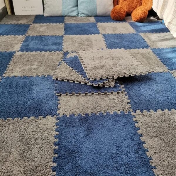 12pcs Puzzle Play Mat Soft Thicken Interlocking Carpet Tiles Interlocking Plush Fluffy Rug Climbing Area Carpet Squares Puzzle Floor Tiles for Home Playroom(Navy blue gray), 30X30,