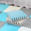 18 Pcs Plush Foam Floor Mat Square Interlocking Carpet Tiles with Border Fluffy Play Mat Floor Tiles Soft Climbing Area Rugs for Home Playroom Decor, 12 x 12 x 0.4 Inch (White, Light Gray, Royal Blue)