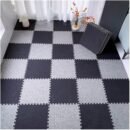 12X12inch Foam Floor Mat with Border, Linen Fabric Interlocking Carpet Tiles, Square Puzzle Play Mat, Anti-Fatigue for Yoga Or Gym,Black+Dark Gray,1pcs