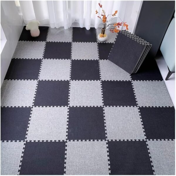 12X12inch Foam Floor Mat with Border, Linen Fabric Interlocking Carpet Tiles, Square Puzzle Play Mat, Anti-Fatigue for Yoga Or Gym,Black+Dark Gray,1pcs