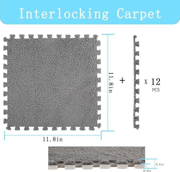 Interlocking Carpet Shaggy Soft EVA Foam Mats Fluffy Square Interlocking Carpet Tiles Protective Floor Tiles Exercise Play Mat for Children Kids Room Home Parlor Bedroom (Grey, 12 Pcs)