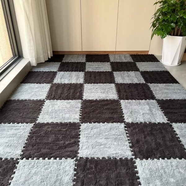 12pcs Carpet Squares Puzzle Floor Mat, Plush Interlocking Carpet Tiles, Anti Slip EVA Foam Jigsaw Floor Tiles, Build A Safe Area for Bedroom Playroom (Grey+Black)