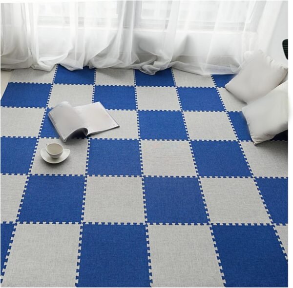 12 Pcs Linen Fabric Interlocking Foam Mat, Foam Puzzle Play Mats, Carpet Tiles Floor Padding for Exercise Yoga Bedroom, 12X12 Inch,Dark Blue+Light Grey