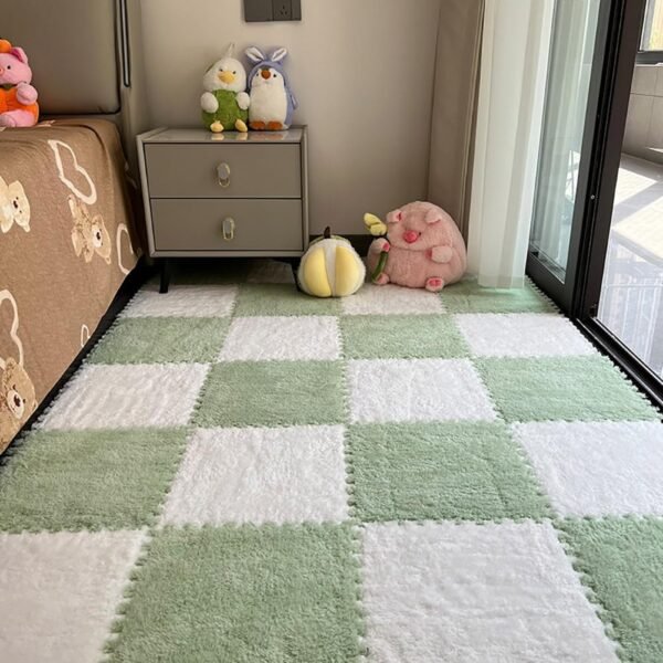 12 Pcs Plush Foam Interlocking Carpet Tiles,Soft Shaggy Fluffy Floor Area Rugs with Padding,Colorful Floor Protective Mats for Home Kids Room Playroom (White and Green, 11.8 x 11.8 x 0.39)