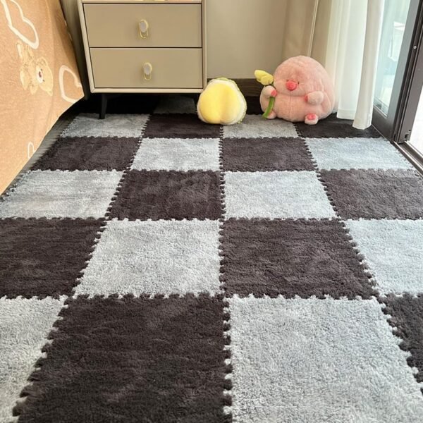 12pcs Carpet Squares Puzzle Floor Mat, Plush Interlocking Carpet Tiles, Anti Slip EVA Foam Jigsaw Floor Tiles, Build A Safe Area for Bedroom Playroom (Grey+Black)