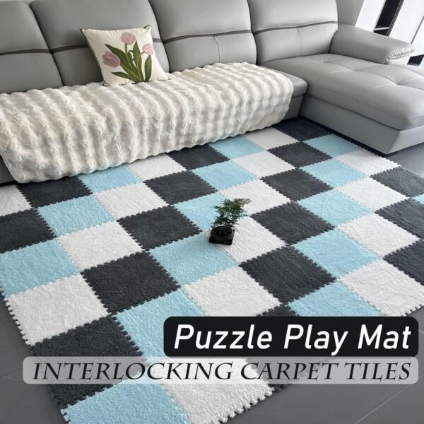 20 Pcs Plush Exercise Carpet Tiles,Interlocking Puzzle Foam Floor Mat,Jigsaw Floor Play Mats,Area Rugs,11.8x11.8 Inch(Size:0.23 inch,Color:Apricot+Gray+White) - Image 2