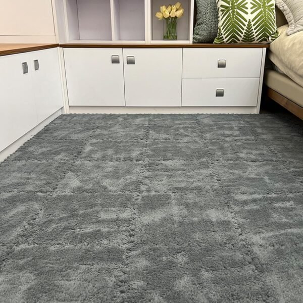 Thickened Plush Foam Interlocking Floor Carpet Puzzle Mat, 18 pcs 12x12x0.4 in Fluffy Square Puzzle Foam Carpet Tiles with Edgings, Soft Shaggy Area Rug Puzzle Mat(Color:Dark Gray)