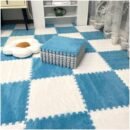 12 Plush Interlocking Foam Floor Mats, 30x30cm Square, Fluffy Puzzle Carpet Tiles With Edgings, Soft Fuzzy Foam Rugs For Room​(Dark Blue+White)
