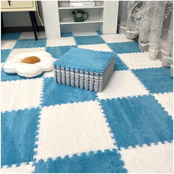 12 Plush Interlocking Foam Floor Mats, 30x30cm Square, Fluffy Puzzle Carpet Tiles With Edgings, Soft Fuzzy Foam Rugs For Room​(Dark Blue+White)