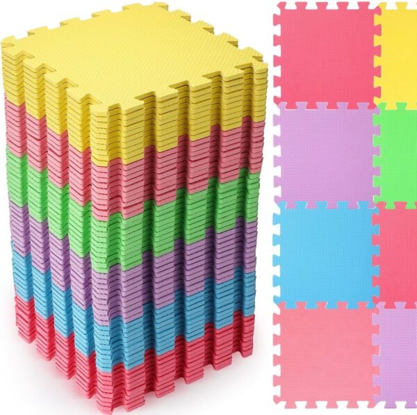 60 Pcs Kids Foam Puzzle Floor Mat Bulk Solid Color Foam Play Mat with Borders Interlocking Multi Use Floor Rug for Baby Toddler Children Crawling Exercise Playroom 12 inch (Colorful)