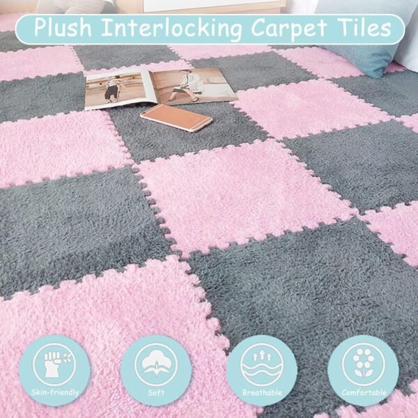 Fluffy Plush Foam Puzzle Area Rug Mat 30x30cm - 2pcs Interlocking Carpet Squares,Safe Floor Tiles EVA Foam Mat for Nursery & Daycare(Size:1cm,Color:Dark Blue) - Image 2