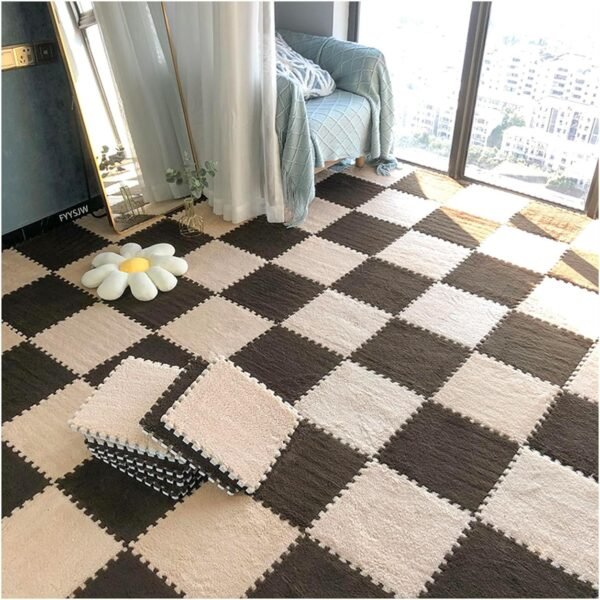 12 Plush Foam Floor Tiles, 12x12 Inch, EVA Puzzle Play Mats, Interlocking Carpet Tiles for Room Floors, with Diverse Colors​(Light Brown+Dark Brown,0.6cm)