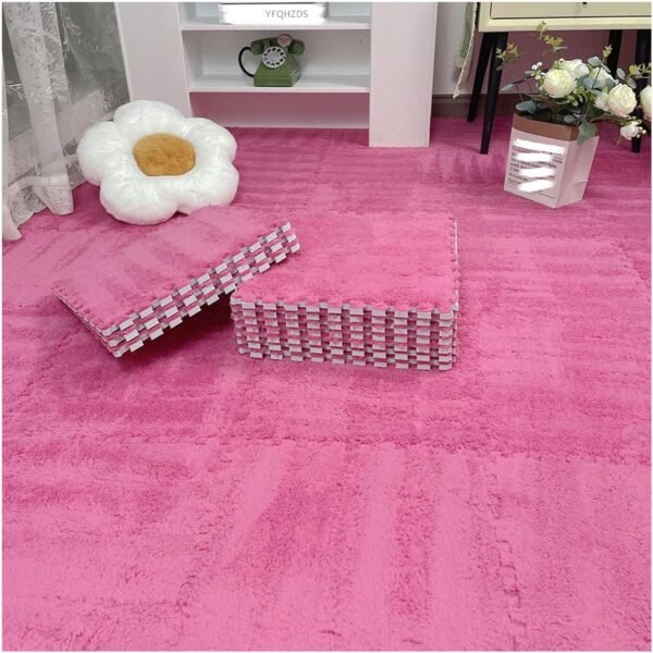 12 Plush Interlocking Foam Floor Mats, 30x30cm Square, Fluffy Puzzle Carpet Tiles With Edgings, Soft Fuzzy Foam Rugs For Room​(Rose Red)
