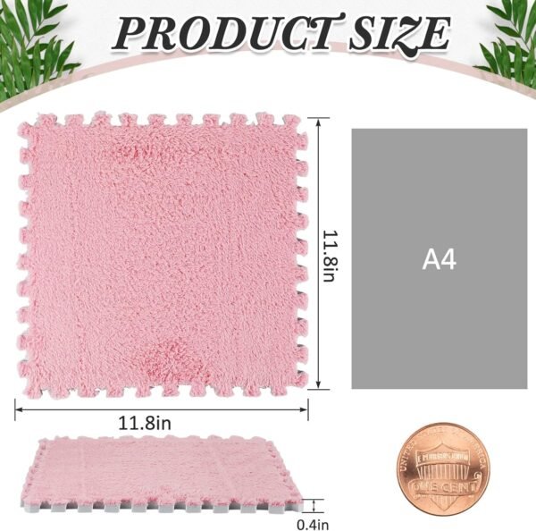 18 Pcs Plush Foam Floor Mat Square Interlocking Carpet Tiles with Border Fluffy Play Mat Floor Tiles Soft Climbing Area Rugs for Home Playroom Decor, 12 x 12 x 0.4 Inch (White, Pink, Gray) - Image 2