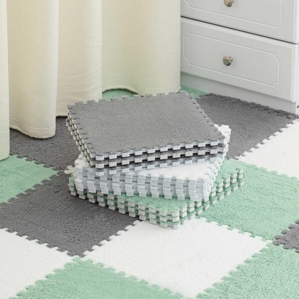 36 Pcs Plush Foam Floor Mat Square Interlocking Carpet Tiles with Border Fluffy Play Mat Floor Tiles Soft Climbing Area Rugs for Home Playroom, 12 x 12 x 0.4 Inch (White, Gray, Mint Green)