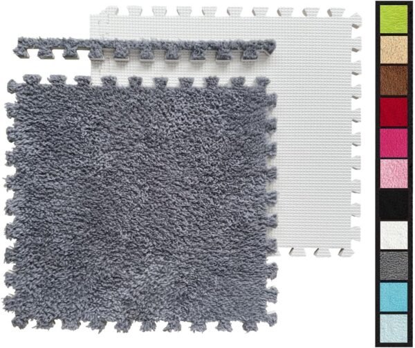 12 Pcs Shaggy Interlocking Foam Carpet Tiles - 12" x 12", 12 Sq,Ft Kids Carpet Squares Protective Floor Mats Crawling Exercise Area Rugs for Children Room, Home or Classroom Use, Grey