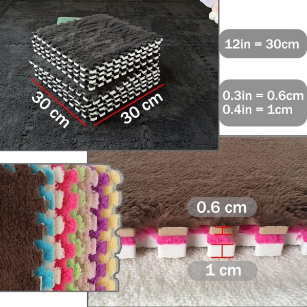 Thickened Plush Foam Interlocking Floor Carpet Puzzle Mat, 18 pcs 12x12x0.4 in Fluffy Square Puzzle Foam Carpet Tiles with Edgings, Soft Shaggy Area Rug Puzzle Mat(Color:Dark Gray) - Image 2