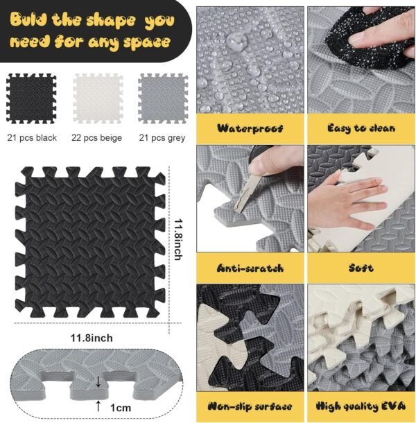 Foam Floor Baby Tiles Foam Floor Mats Play Mats Bulk with Borders Interlocking for Kids Baby Playroom Nursery Gym (Black, White and Gray,64ft) - Image 2