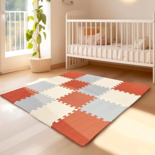 Kids Soft EVA Foam Jigsaw Puzzle Play Mat, 18 Interlocking Tiles and Edges Baby Play Mat, for Kids Gym, Nursery, Playroom, Pet Mat, Total Floor Coverage 16 Sq Ft, Red/Grey/Beige