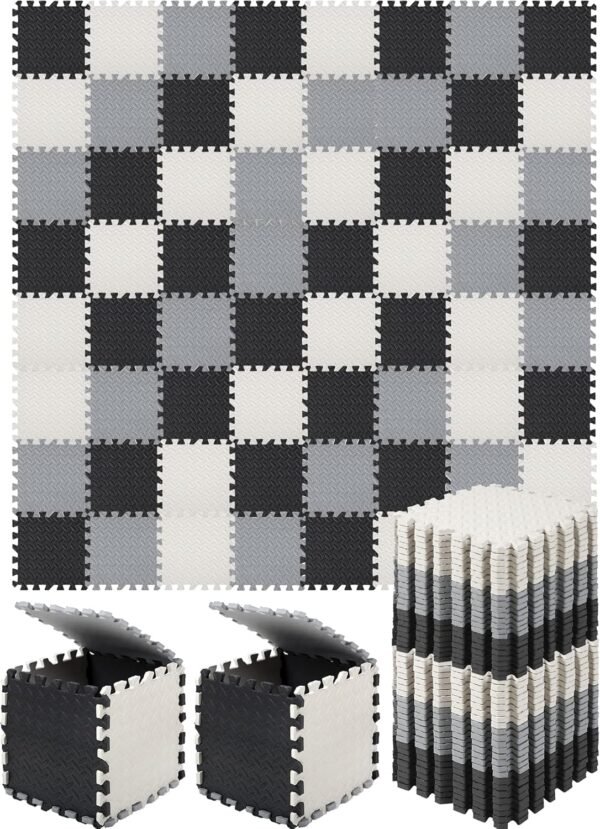Foam Floor Baby Tiles Foam Floor Mats Play Mats Bulk with Borders Interlocking for Kids Baby Playroom Nursery Gym (Black, White and Gray,64ft)